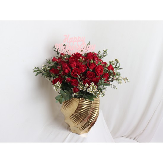 Red Baby Roses Gold Vase 24